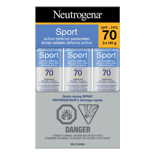 Neutrogena Sport Active Defense SPF 70 Sunscreen Spray, 3 x 141g