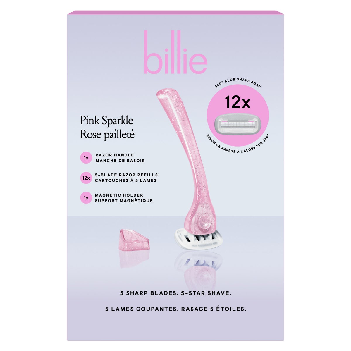 Billie Pink Sparkle Women's Razor Handle with Magnetic Holder, 12 Cartridges