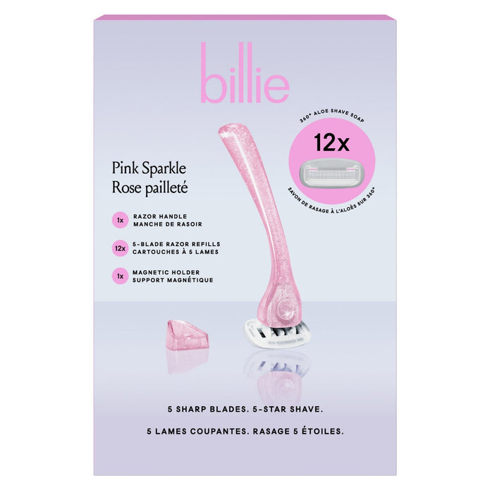 Billie Pink Sparkle Women's Razor Handle with Magnetic Holder, 12 Cartridges