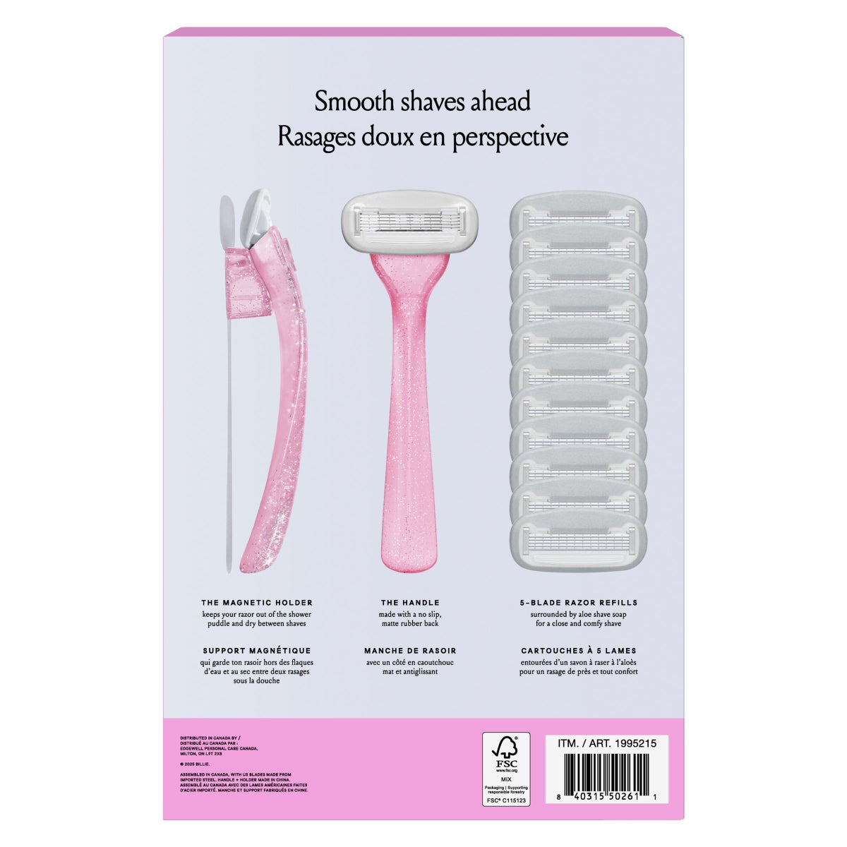 Billie Pink Sparkle Women's Razor Handle with Magnetic Holder, 12 Cartridges