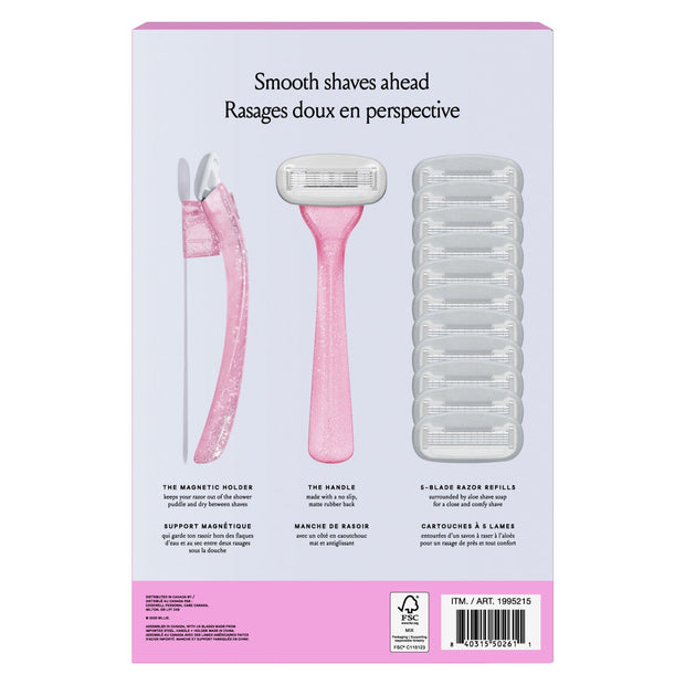 Billie Pink Sparkle Women's Razor Handle with Magnetic Holder, 12 Cartridges