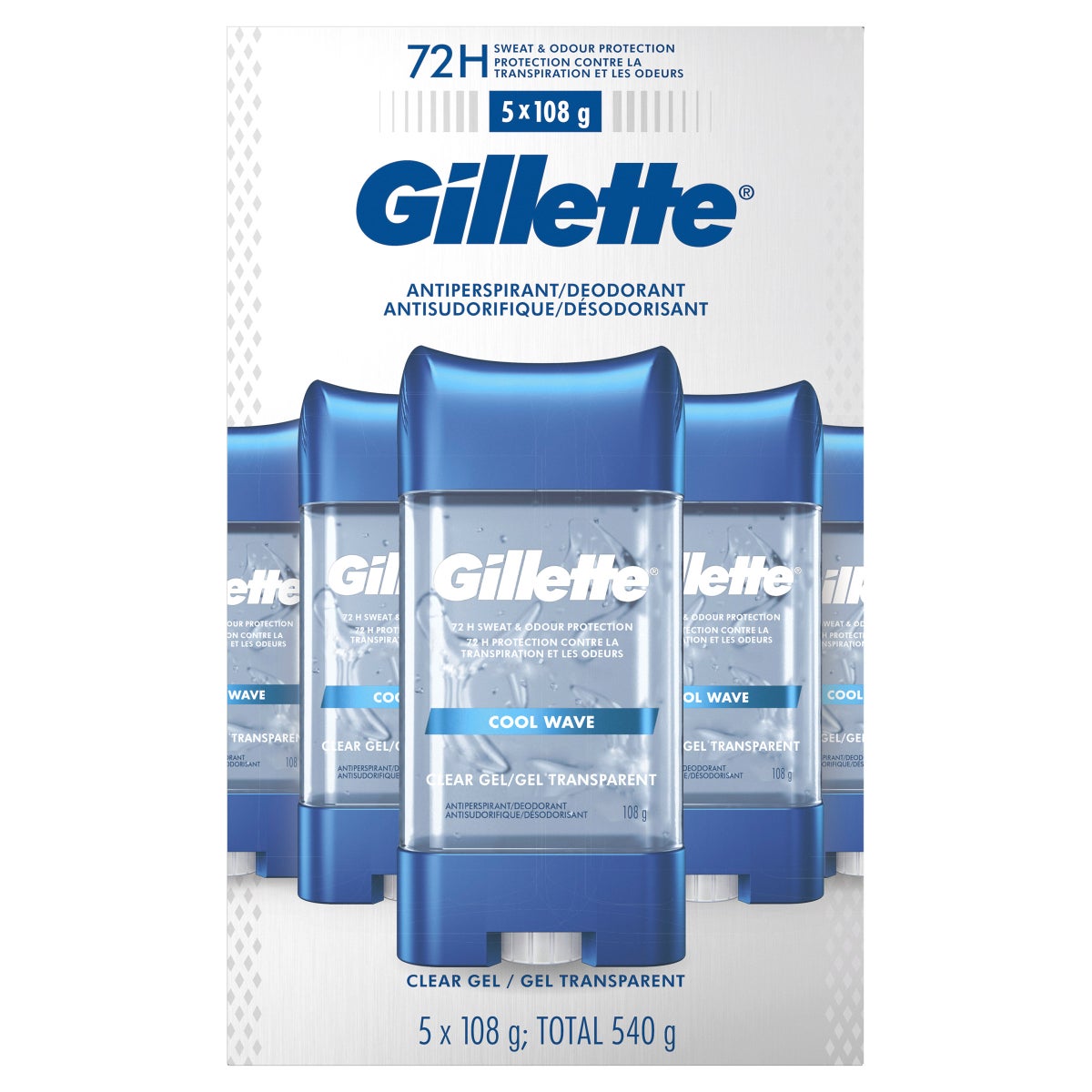 Gillette Antiperspirant Deodorant, Clear Gel, Cool Wave, 5 X 108 g