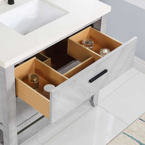 Northridge Home Chevron Single Vanity With Carrara Quartz Countertop, 36 in.