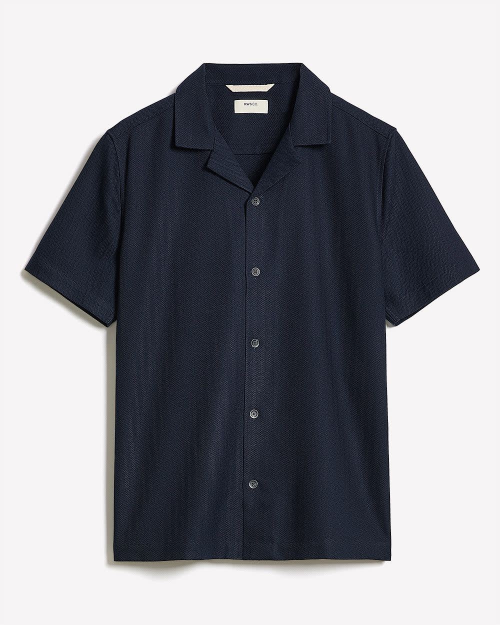 Short-Sleeve Herringbone Shirt with Camp Collar