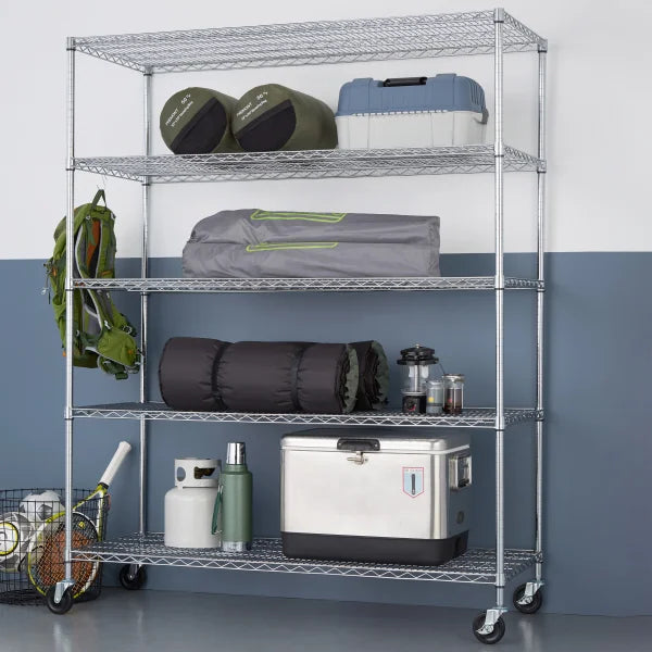 TRINITY 5-Tier Chrome Wire Shelving Rack With Wheels, 60
