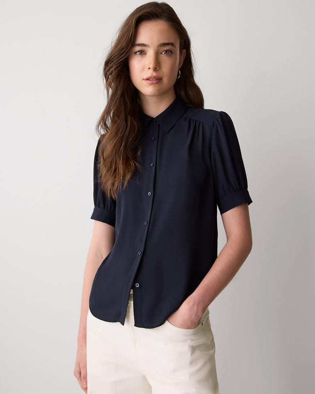 Silky Crepe Short-Sleeve Buttoned-Down Blouse