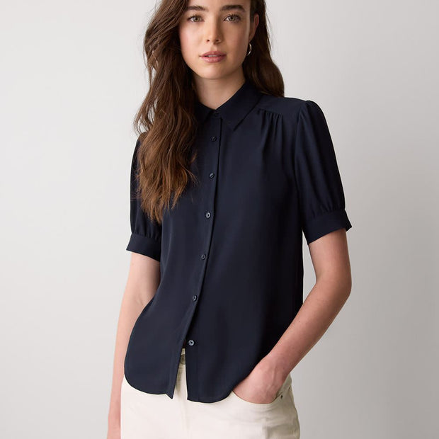 Silky Crepe Short-Sleeve Buttoned-Down Blouse