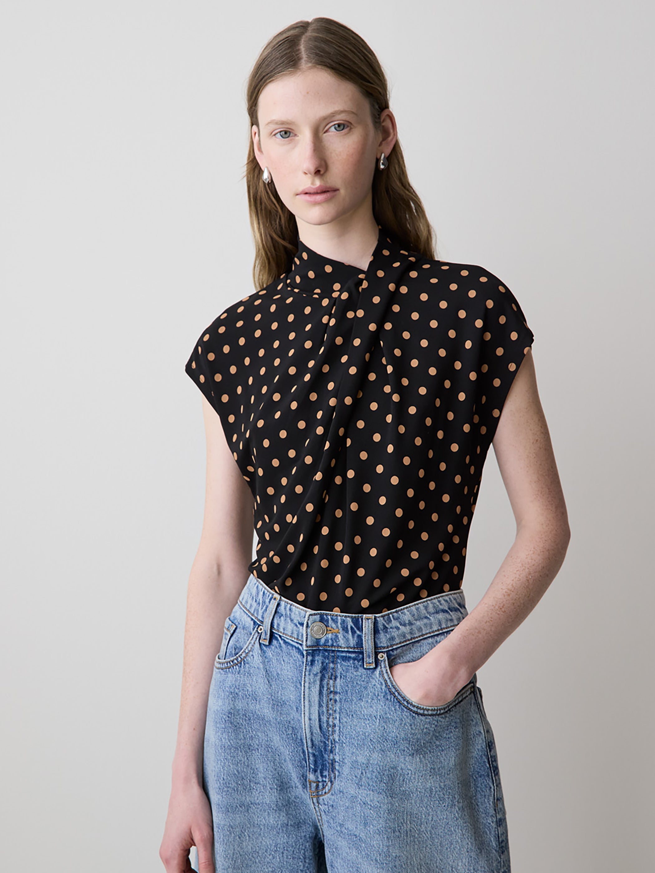 Extended-Sleeve Top with Crossover Draped Mock Neckline