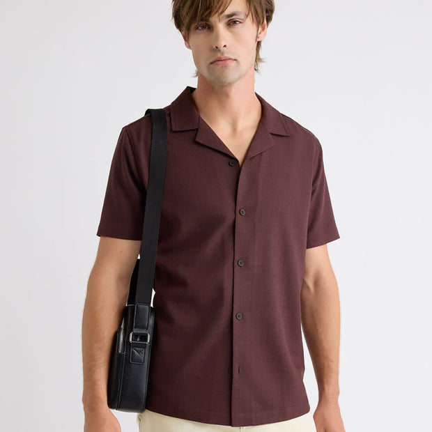 Short-Sleeve Herringbone Shirt with Camp Collar