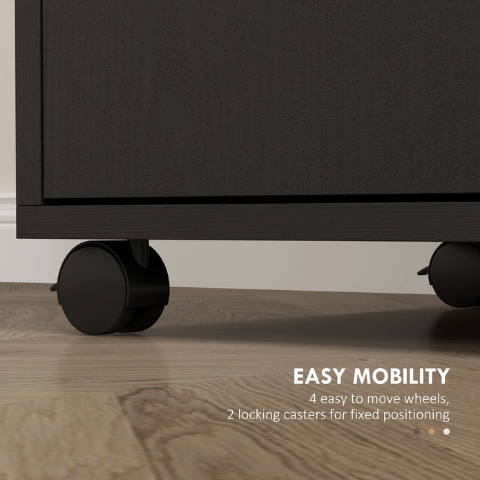 Black Wood Grain Microwave Cart on Wheels with 2-Door Storage Cabinet