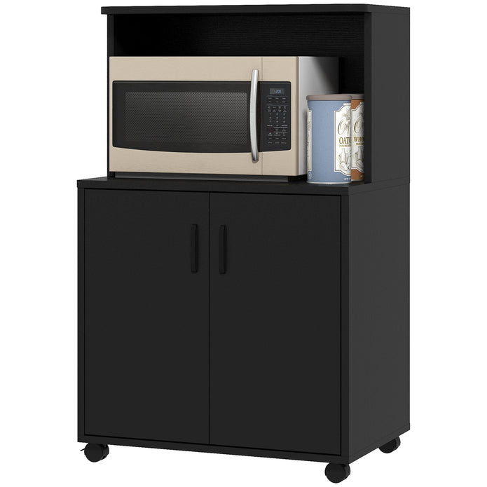 Black Wood Grain Microwave Cart on Wheels with 2-Door Storage Cabinet