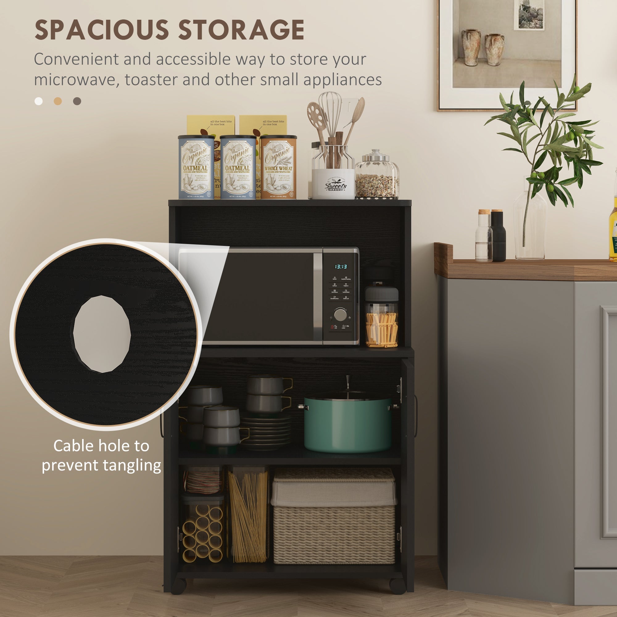 Black Wood Grain Microwave Cart on Wheels with 2-Door Storage Cabinet