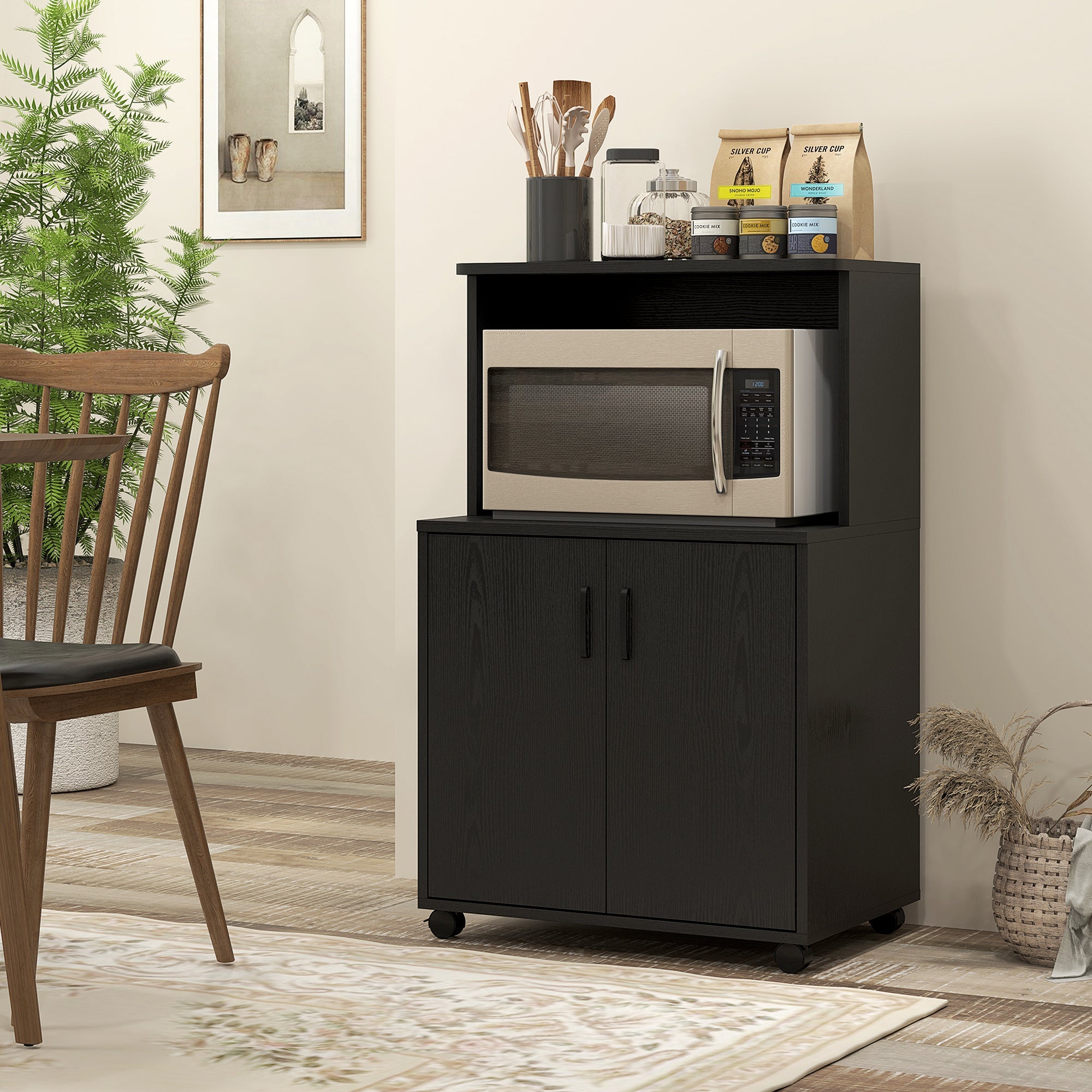 Black Wood Grain Microwave Cart on Wheels with 2-Door Storage Cabinet