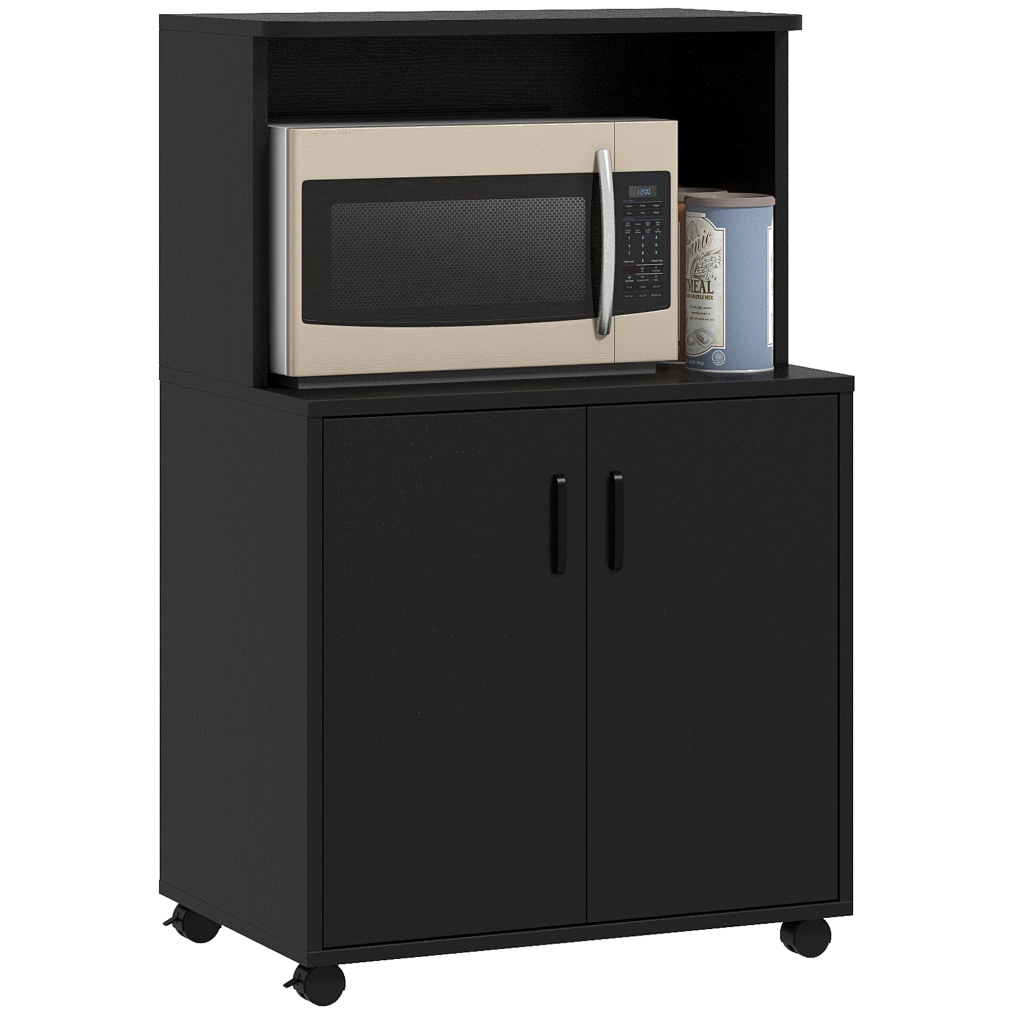 Black Wood Grain Microwave Cart on Wheels with 2-Door Storage Cabinet