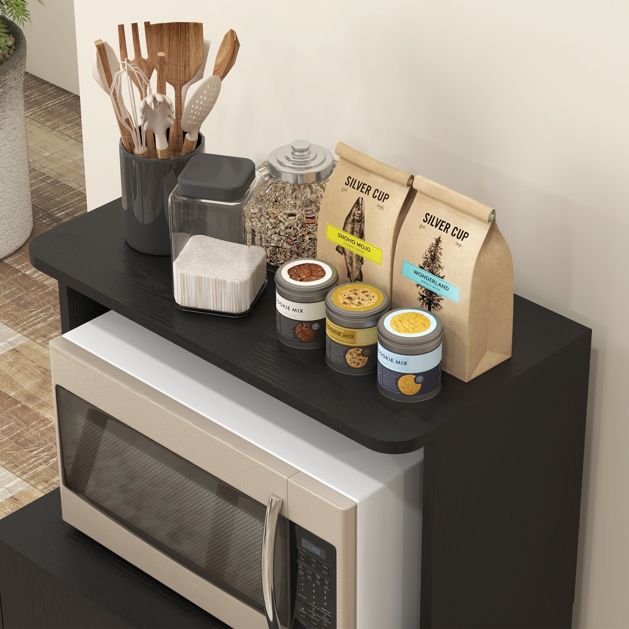 Black Wood Grain Microwave Cart on Wheels with 2-Door Storage Cabinet