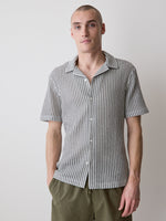 Striped Short-Sleeve Crochet Shirt with Camp Collar