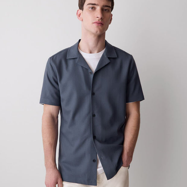 Short-Sleeve Herringbone Shirt with Camp Collar