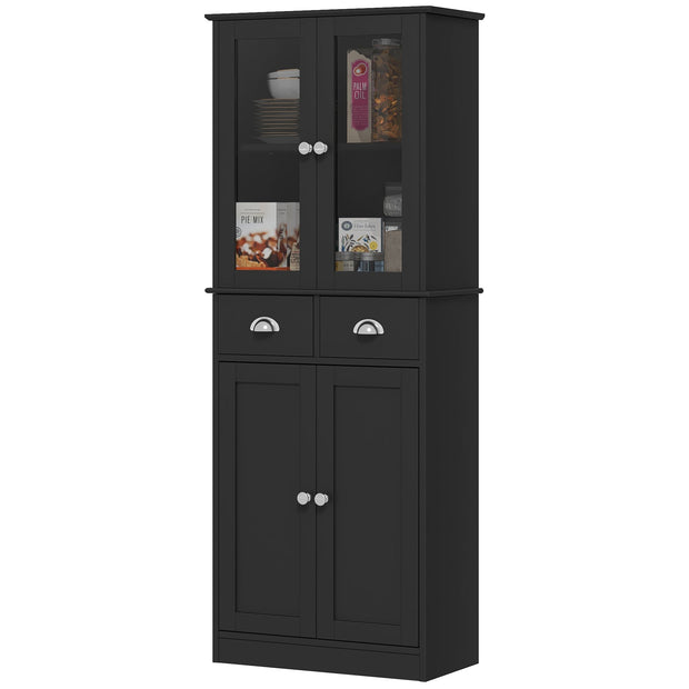 61-Inch Black Farmhouse Pantry with Glass Doors and Adjustable Shelves