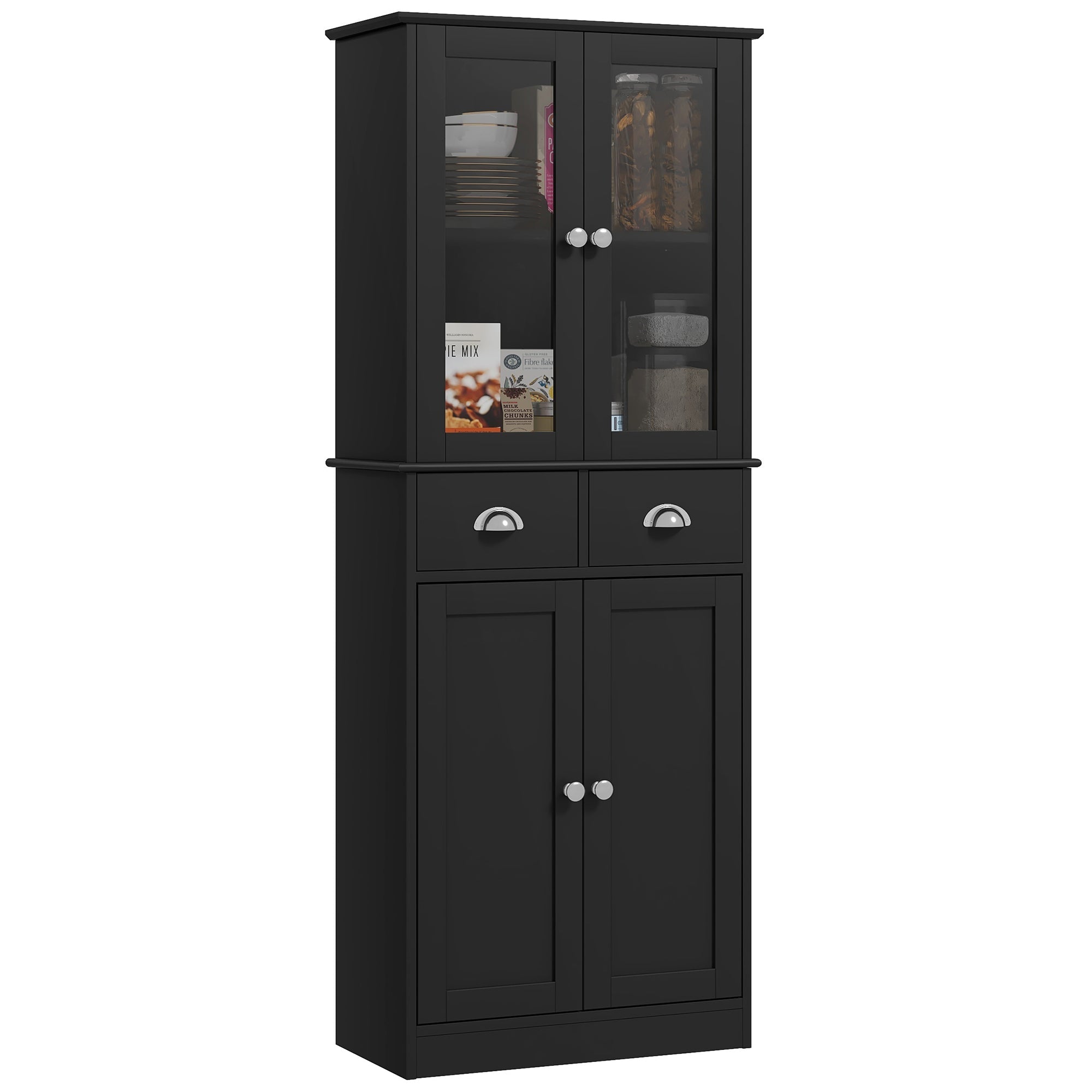 61-Inch Black Farmhouse Pantry with Glass Doors and Adjustable Shelves