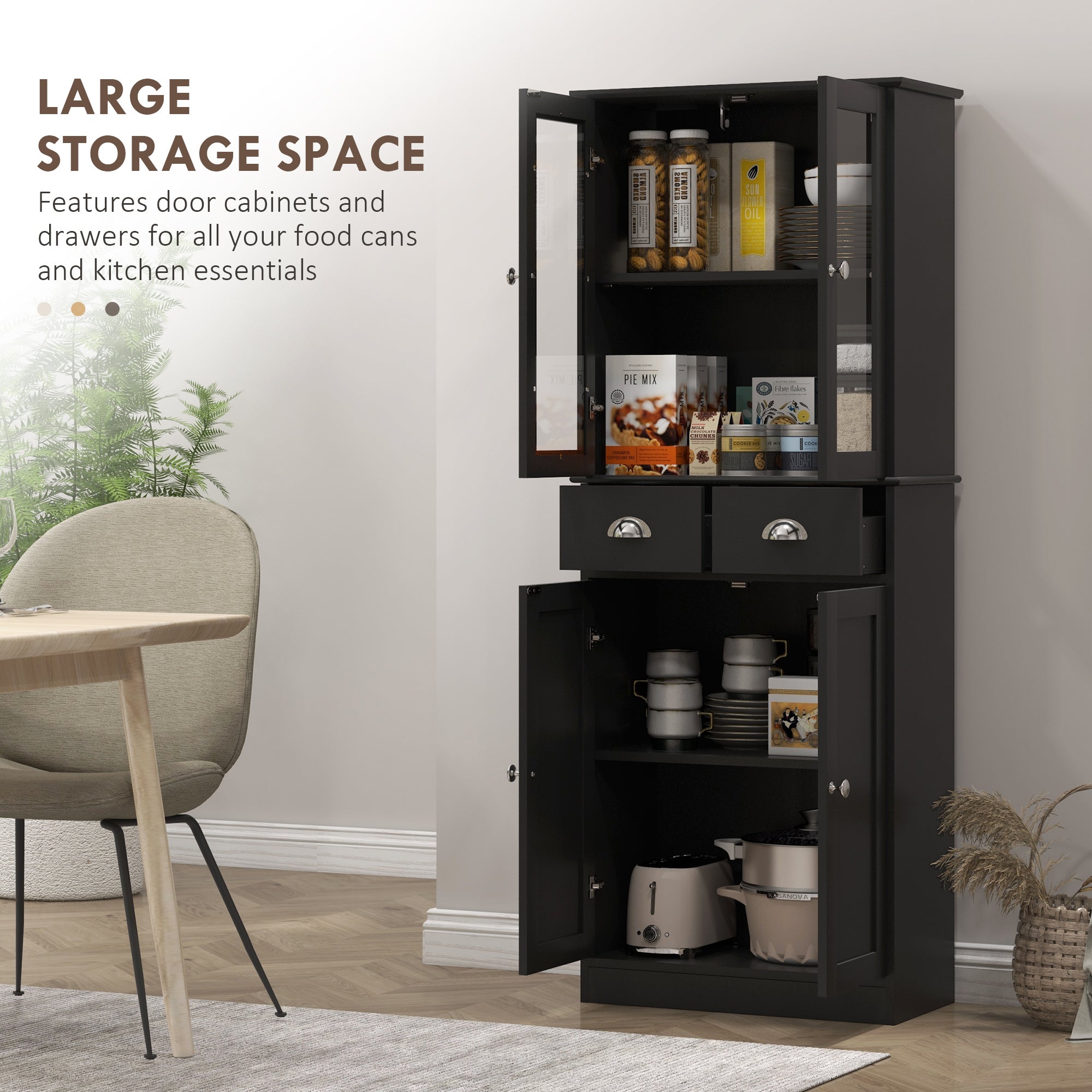 61-Inch Black Farmhouse Pantry with Glass Doors and Adjustable Shelves