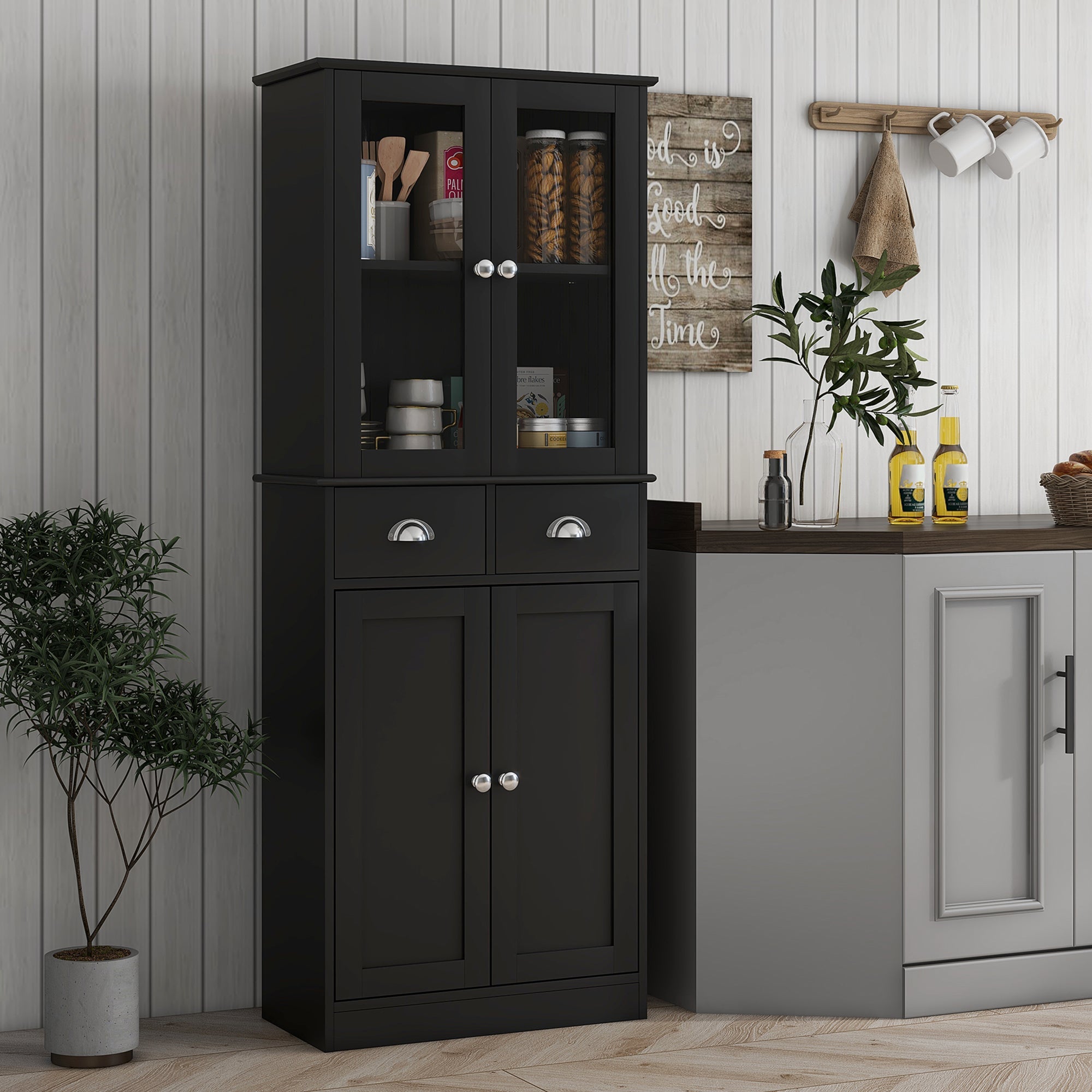61-Inch Black Farmhouse Pantry with Glass Doors and Adjustable Shelves
