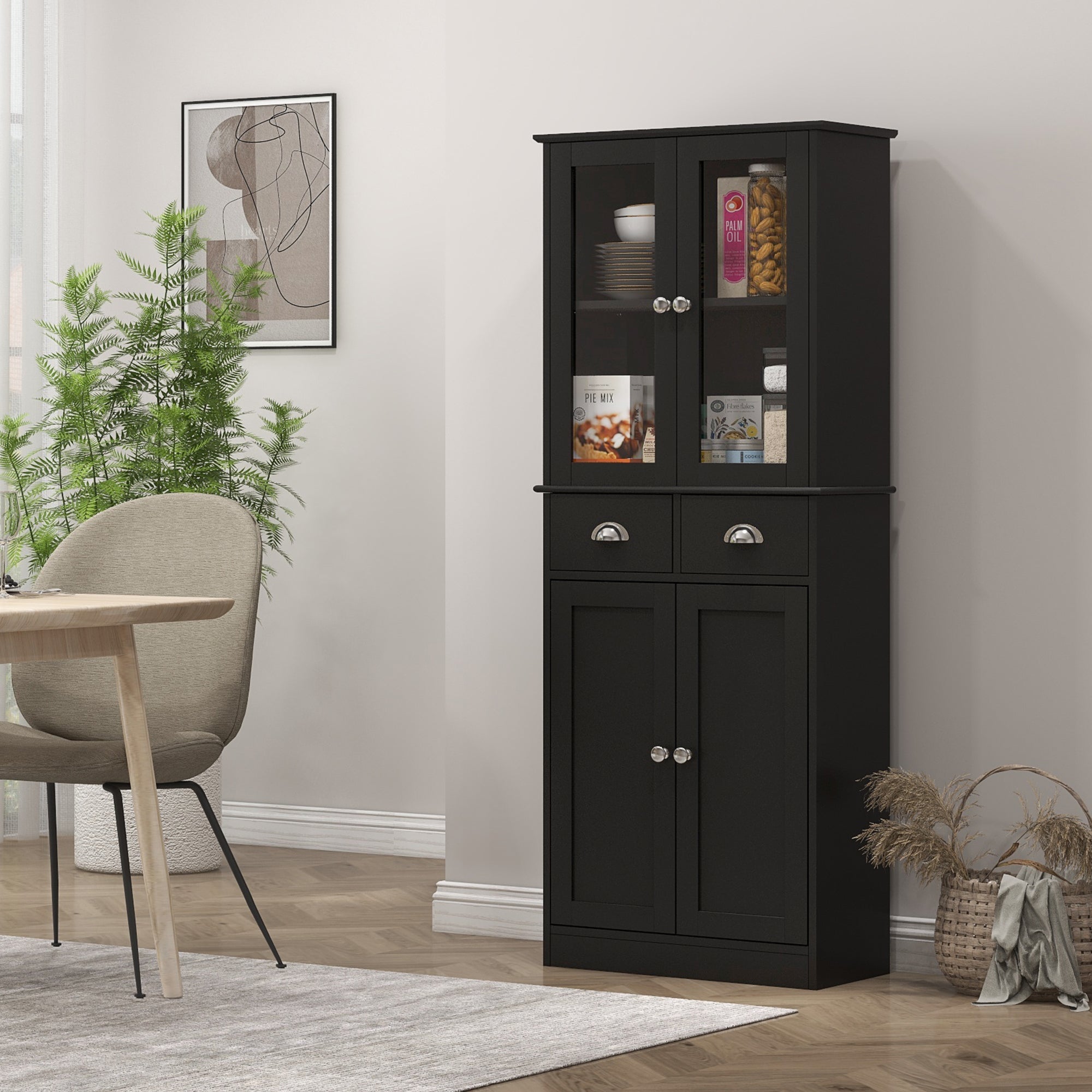 61-Inch Black Farmhouse Pantry with Glass Doors and Adjustable Shelves