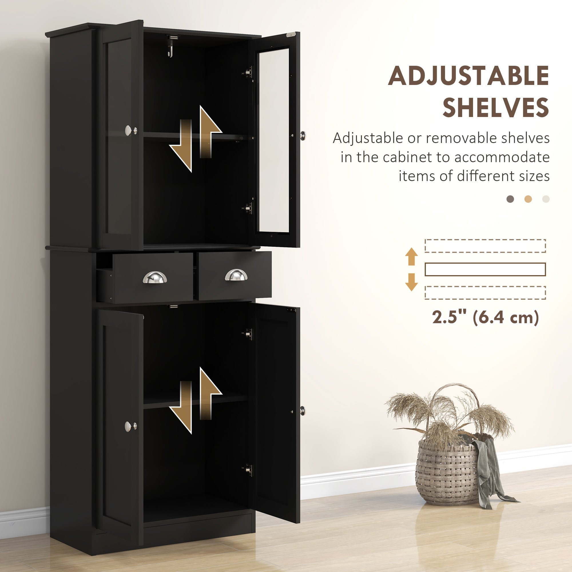 61-Inch Black Farmhouse Pantry with Glass Doors and Adjustable Shelves