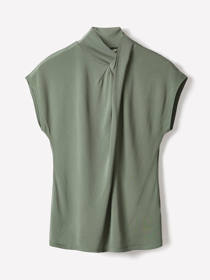 Extended-Sleeve Top with Crossover Draped Mock Neckline