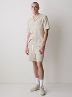Striped Short-Sleeve Textured Shirt with Camp Collar