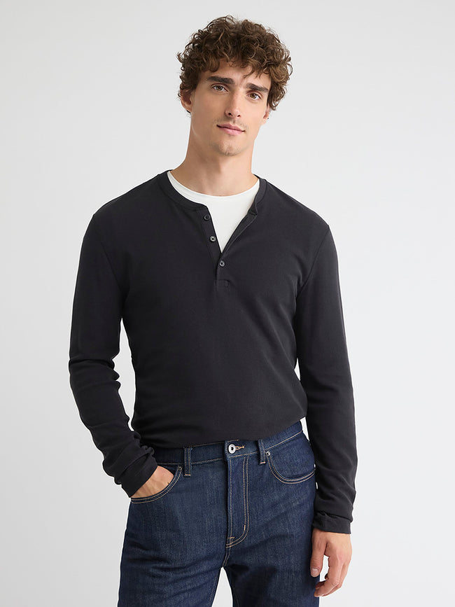 Long-Sleeve Henley Waffled Tee