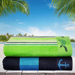 Green Turtles & Sea Checkers Jacquard Beach Towel, 2-pack
