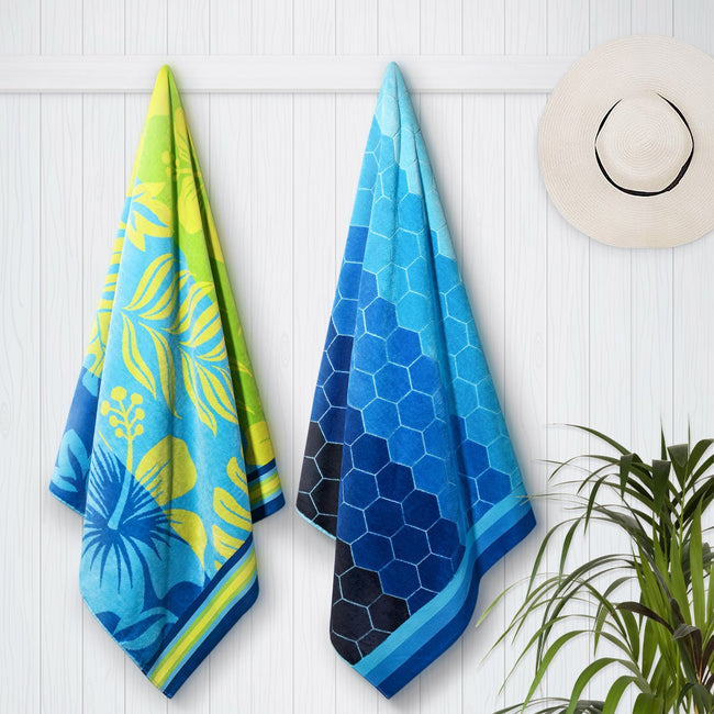 Aloha & Hexagones Blues Jacquard Beach Towel, 2-pack