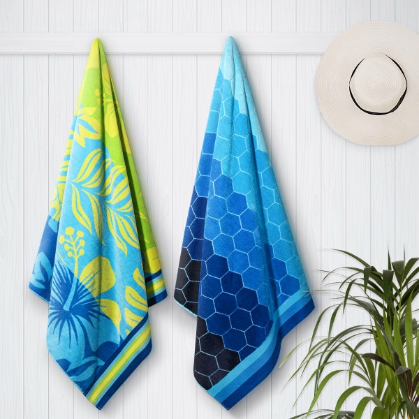 Aloha & Hexagones Blues Jacquard Beach Towel, 2-pack