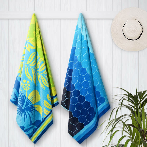 Aloha & Hexagones Blues Jacquard Beach Towel, 2-pack