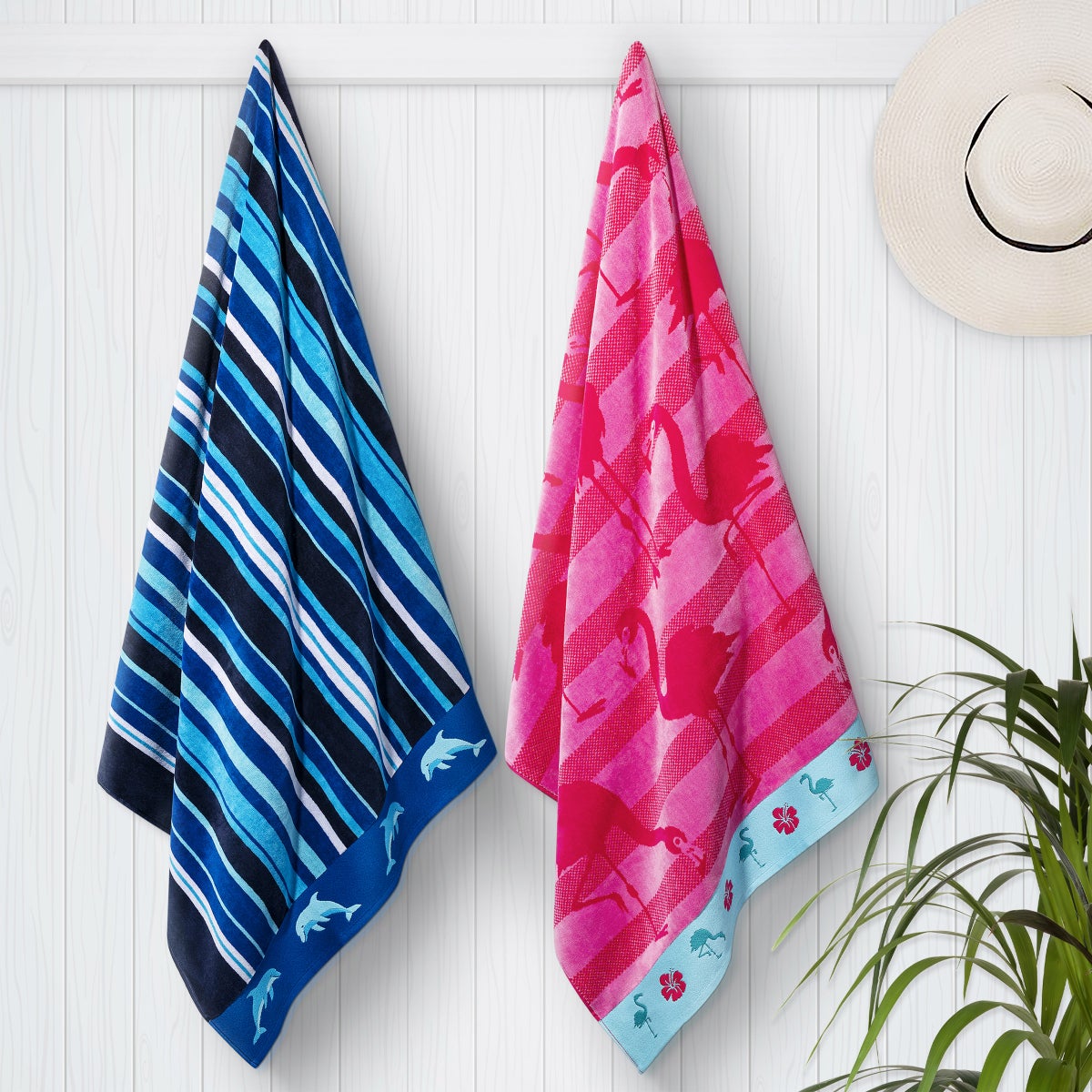 Dolphin Jump & Club Flamingo Jacquard Beach Towel, 2-pack