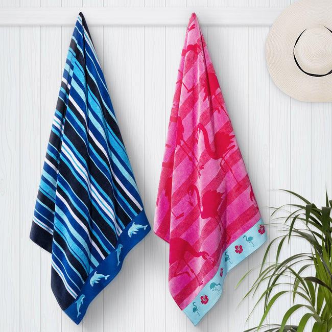 Dolphin Jump & Club Flamingo Jacquard Beach Towel, 2-pack