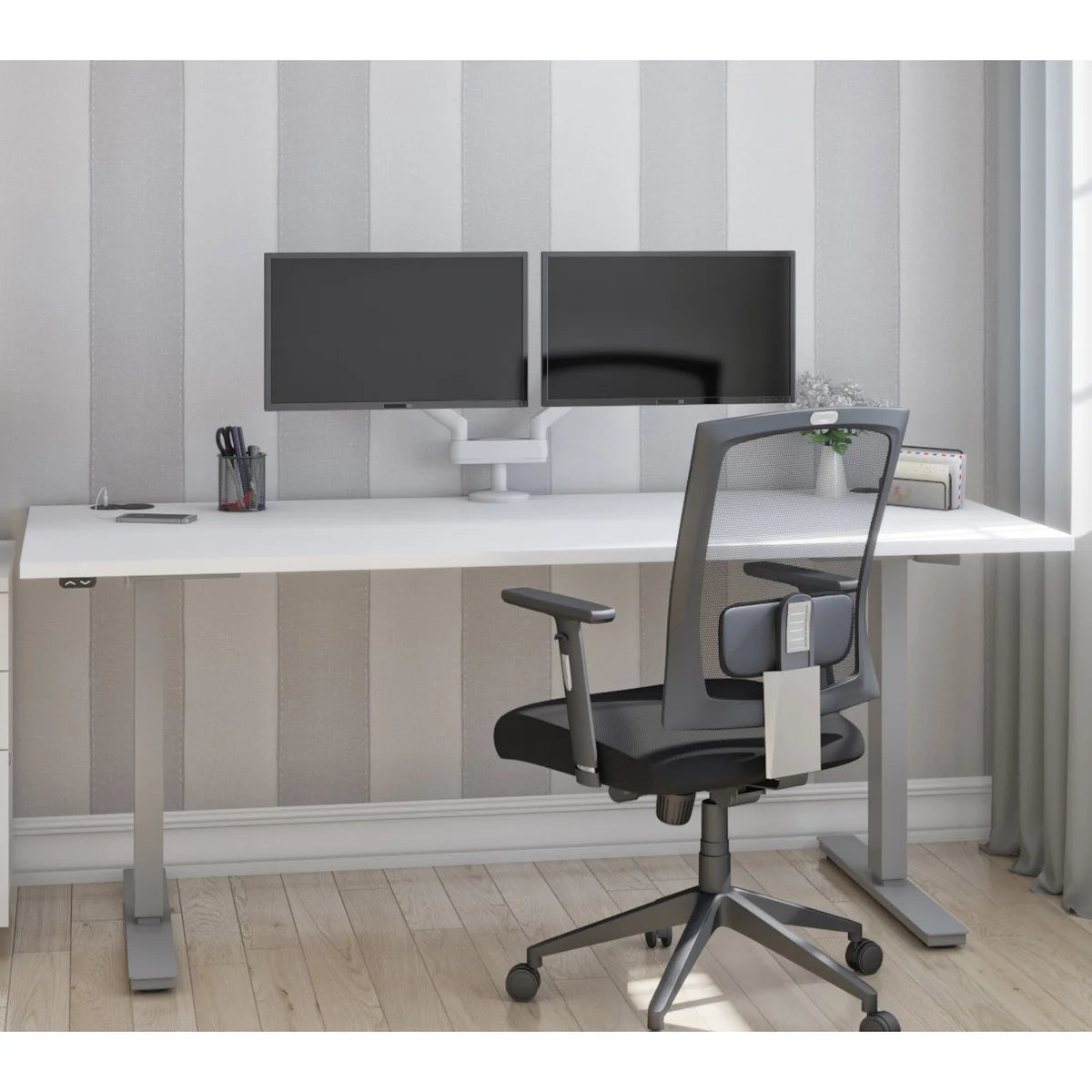 Bestar Upstand 76.2 cm × 182.9 cm (30 in. × 72 in.) Height-adjustable Desk with Dual Monitor Arm