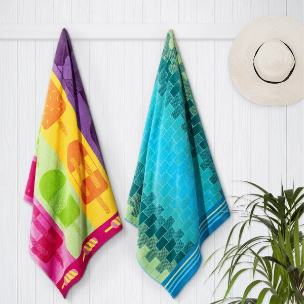 Popsicle Stripe & Square Tile Jacquard Beach Towel, 2-pack