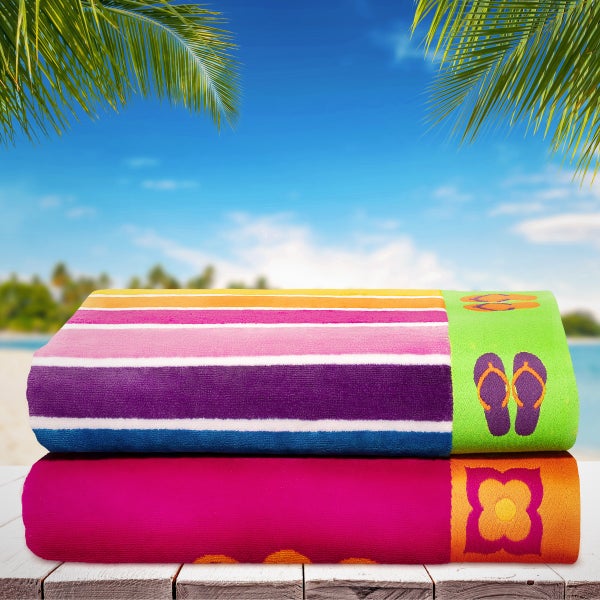 Medallions & Wavy Mulit-Colour Stripes Jacquard Beach Towel 2-pack