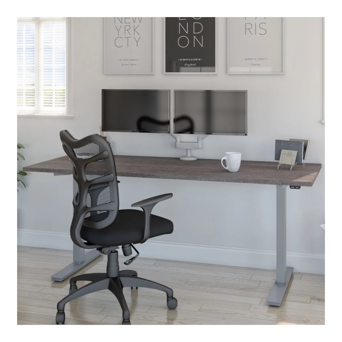 Bestar Upstand 76.2 cm × 182.9 cm (30 in. × 72 in.) Height-adjustable Desk with Dual Monitor Arm