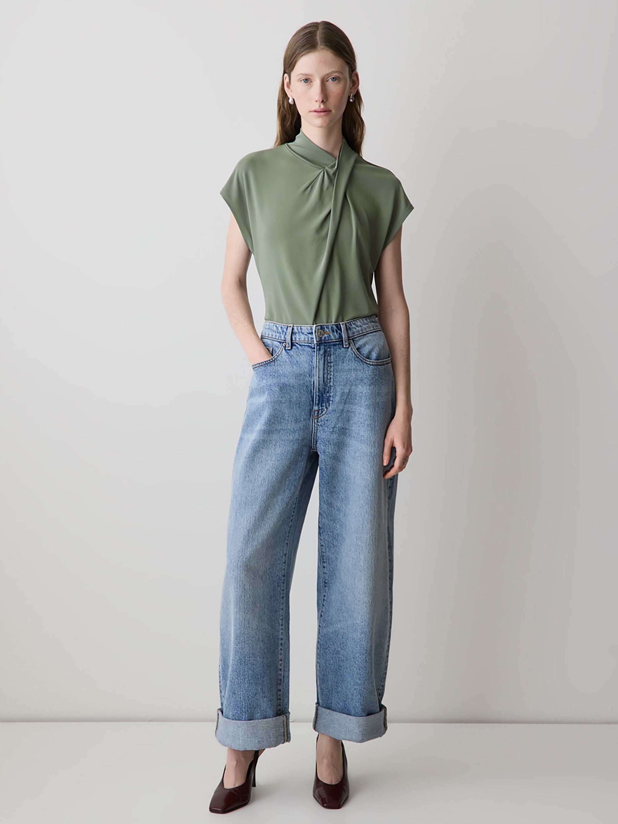 Extended-Sleeve Top with Crossover Draped Mock Neckline