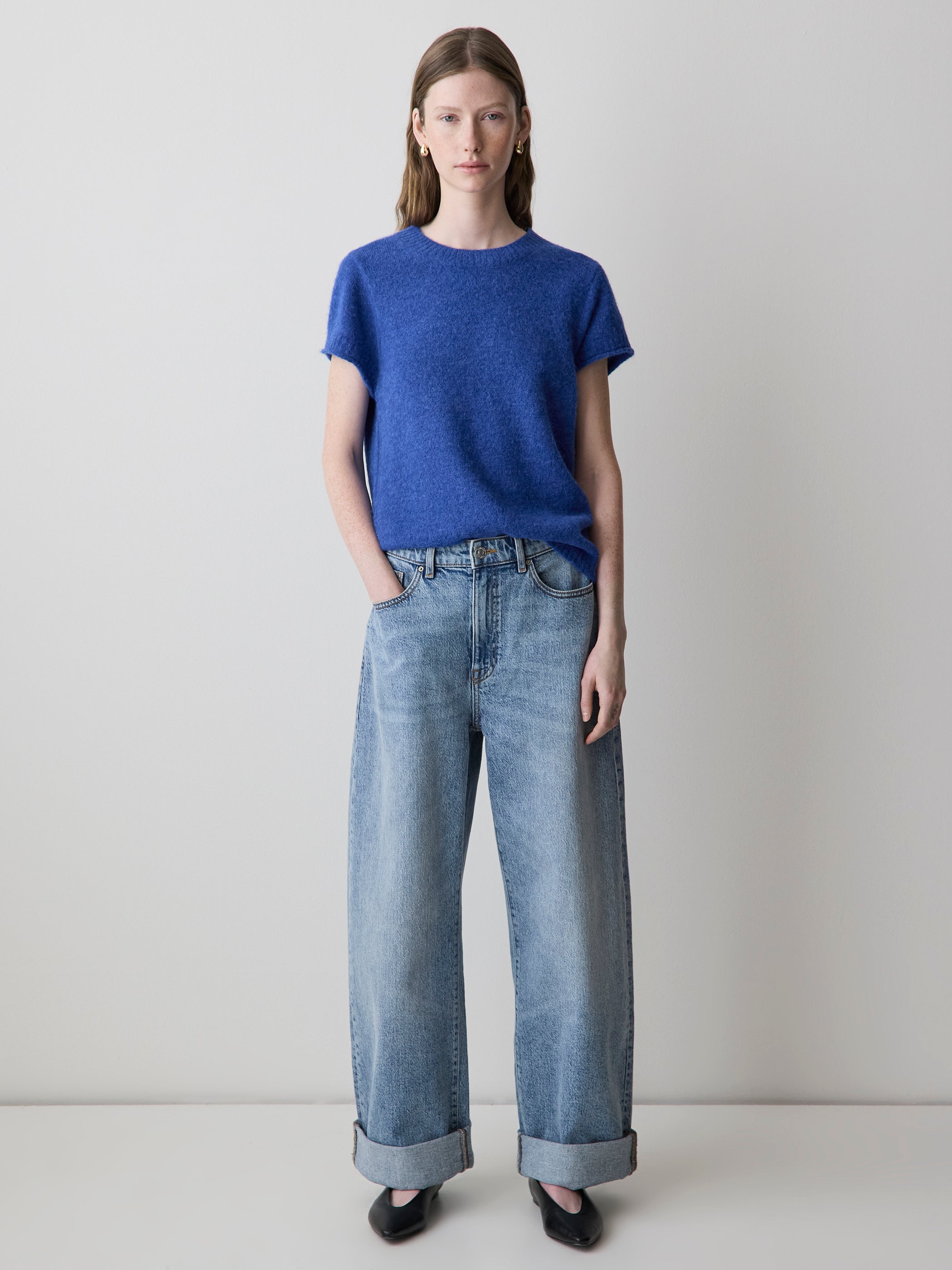 Wool-Blend Cap-Sleeve Crew-Neck Boxy Sweater