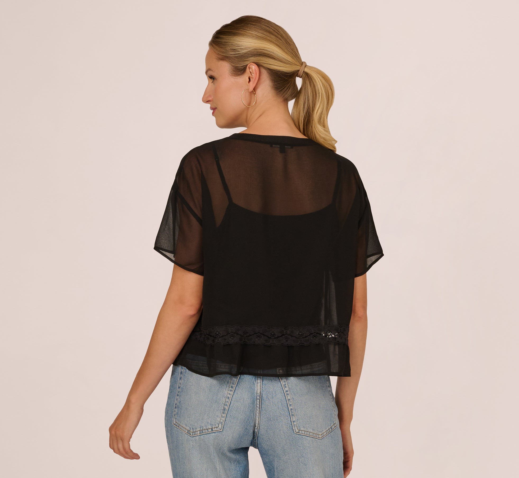 Short Sleeve Pintuck Lace Top In Black