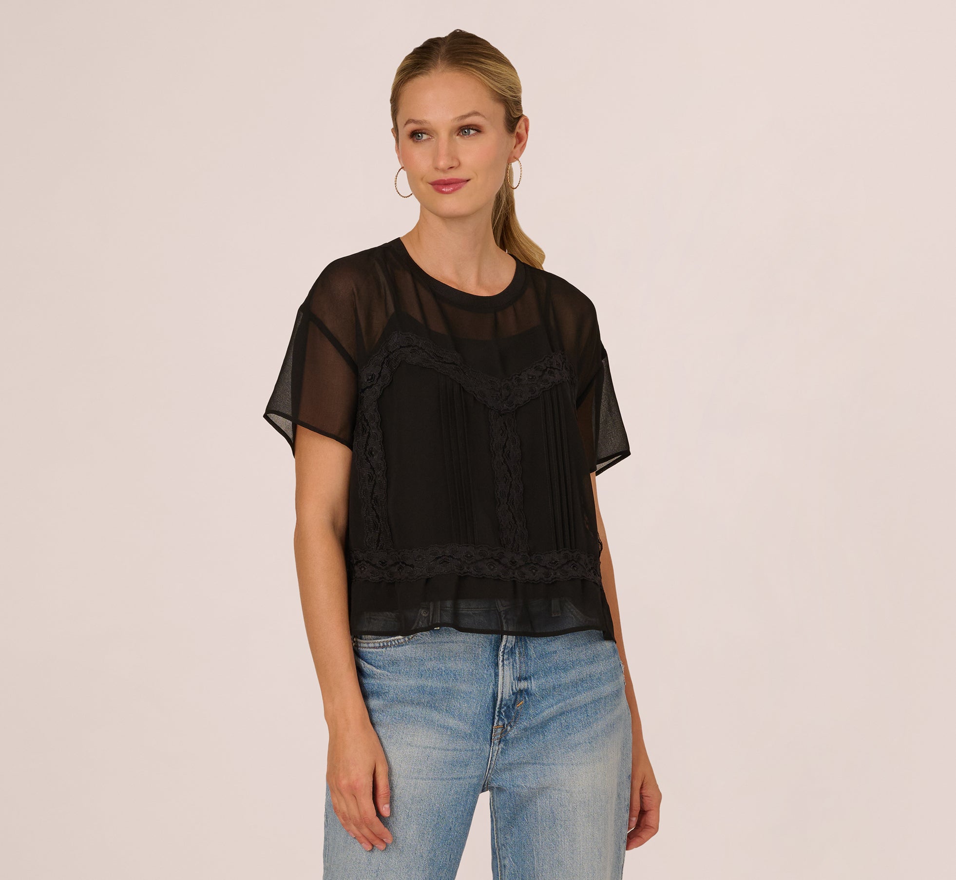 Short Sleeve Pintuck Lace Top In Black