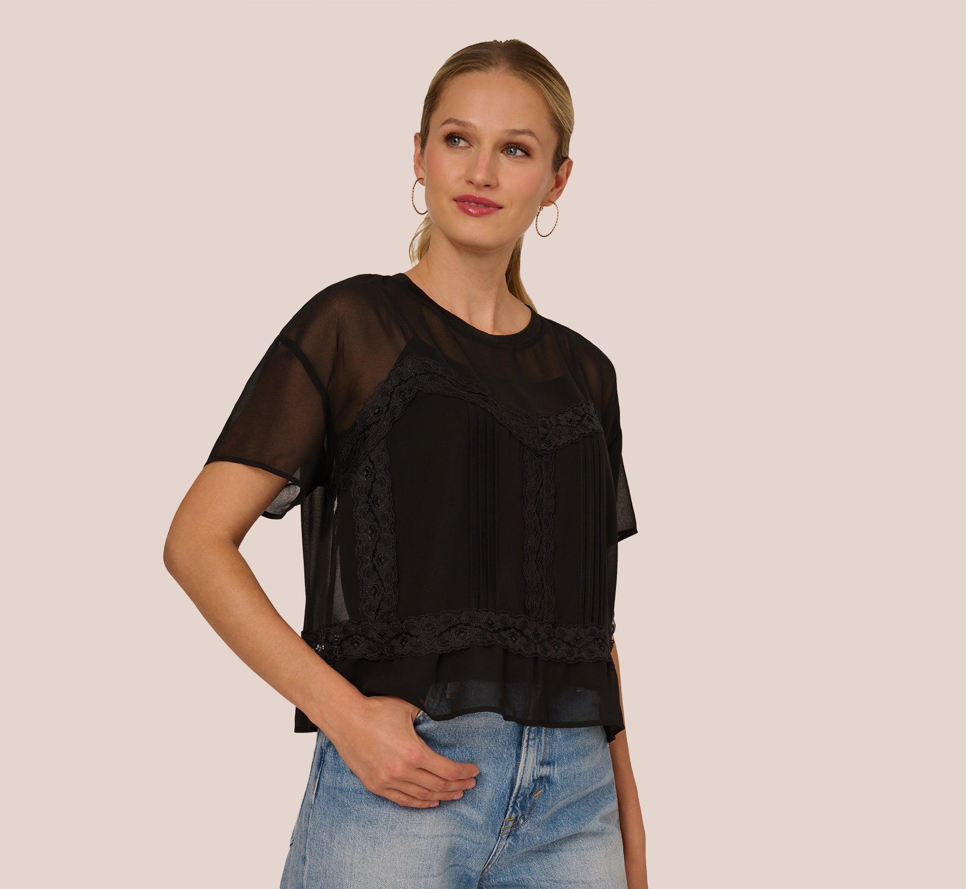 Short Sleeve Pintuck Lace Top In Black