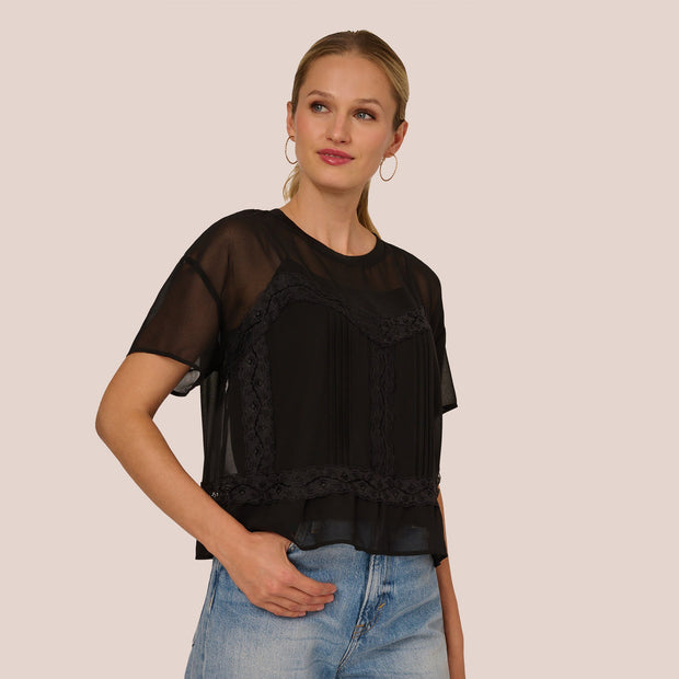 Short Sleeve Pintuck Lace Top In Black