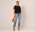 Short Sleeve Pintuck Lace Top In Black