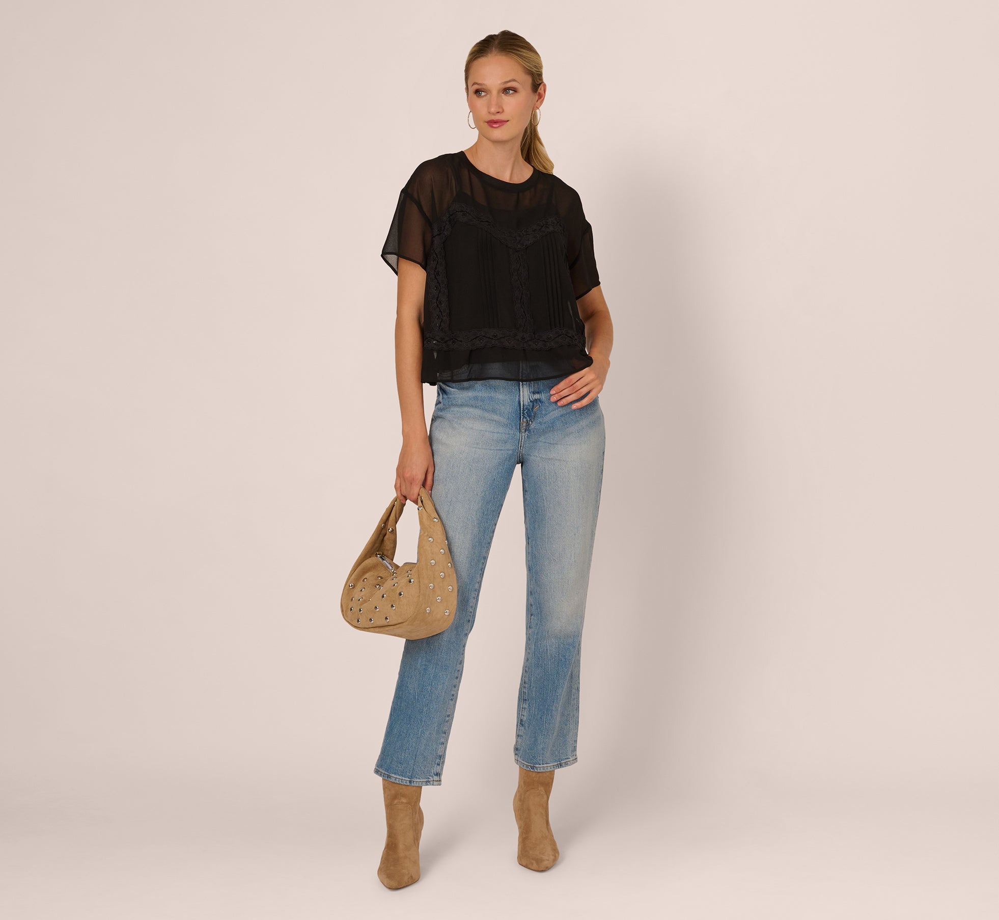 Short Sleeve Pintuck Lace Top In Black