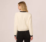 Long Sleeve Bow Collar Cardigan Sweater In Ivory Black