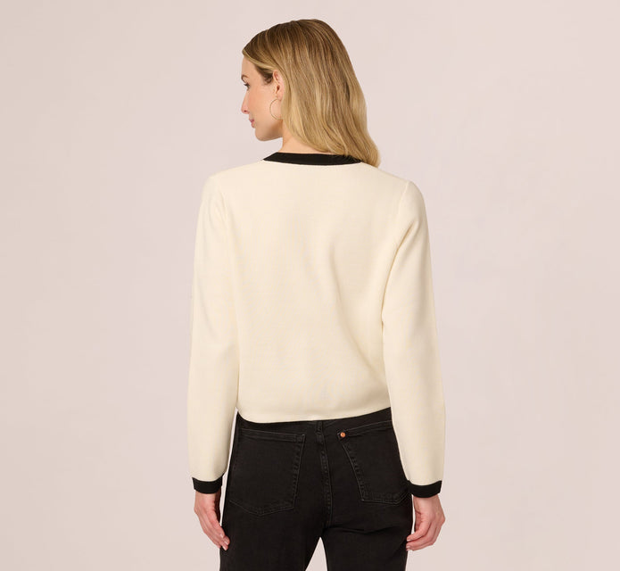 Long Sleeve Bow Collar Cardigan Sweater In Ivory Black